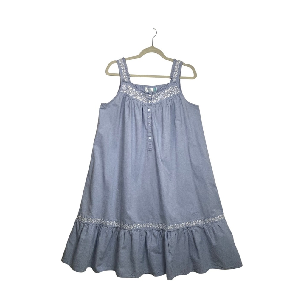 Alexander Del Rossa Womens Blue Cotton Embroidered Sleeveless Nightgown Large